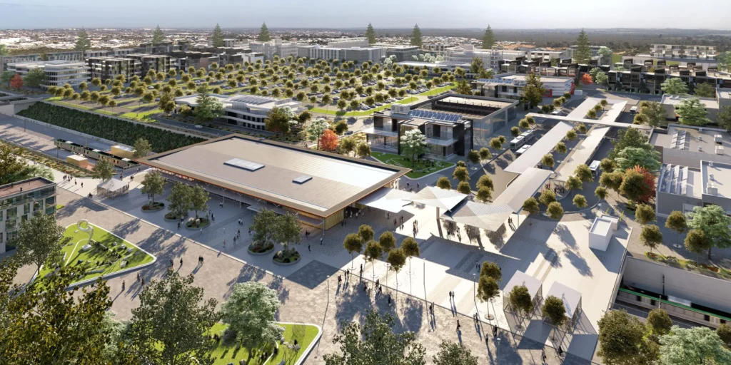 3d render image of yanchep train station from a bird's eye view