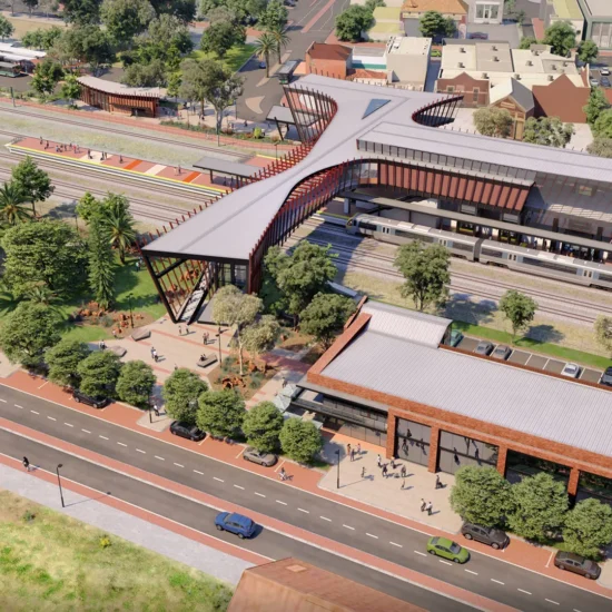 3d cgi render midland train station exterior aerial