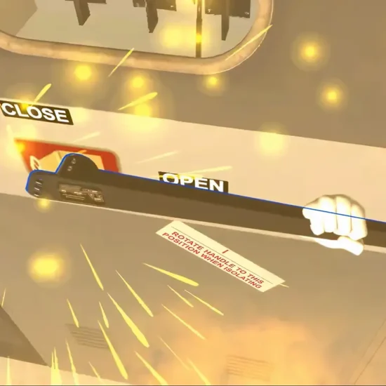 An image of a 3d rendered training simulation, instructing the user to pull a handle.