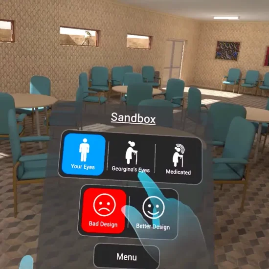 A picture of a VR headset interface within a blue cafeteria.