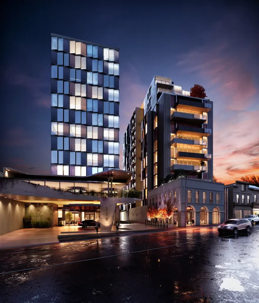3d architectural rendering of elizabeth street apartments at night