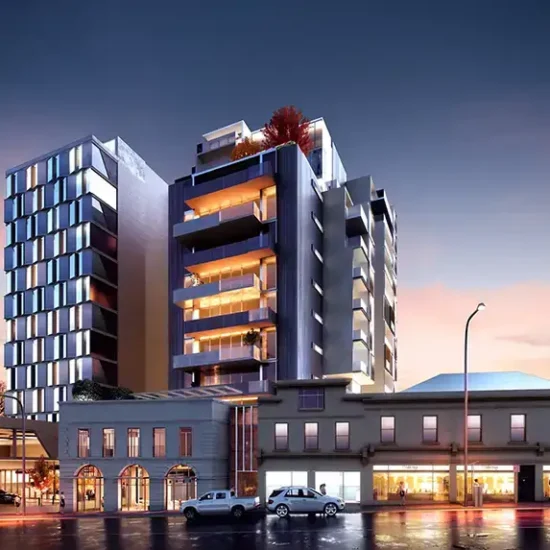 3d architectural rendering of elizabeth street apartments at night