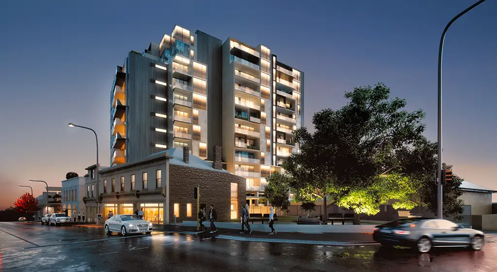 3d architectural rendering of elizabeth street apartments at night