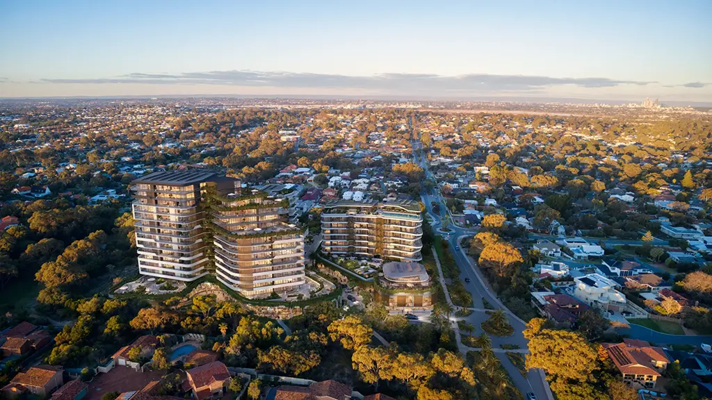 ocean village 3D architectural rendering birds eye view