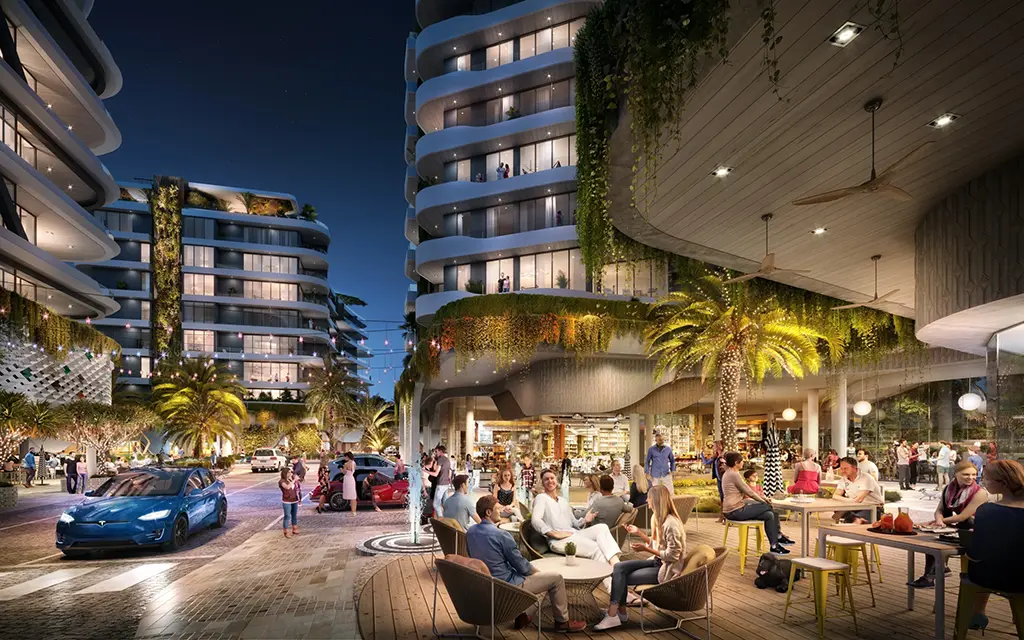 ocean village 3D architectural rendering night-time