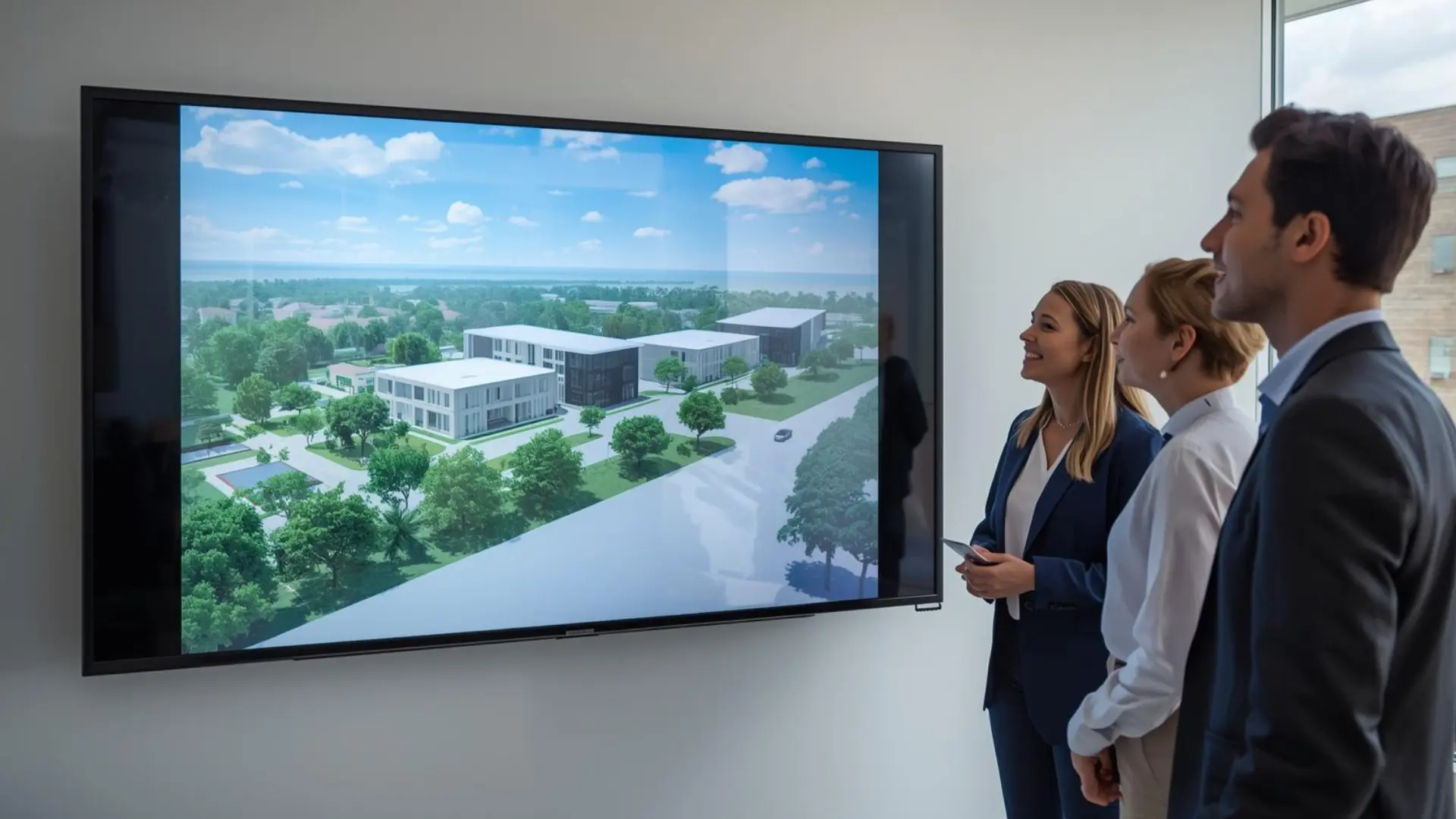 Stakeholders viewing a large screen displaying a 3D CGI animation of a future development
