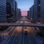 3D visualization of a new road and bridge integrated into an urban environment