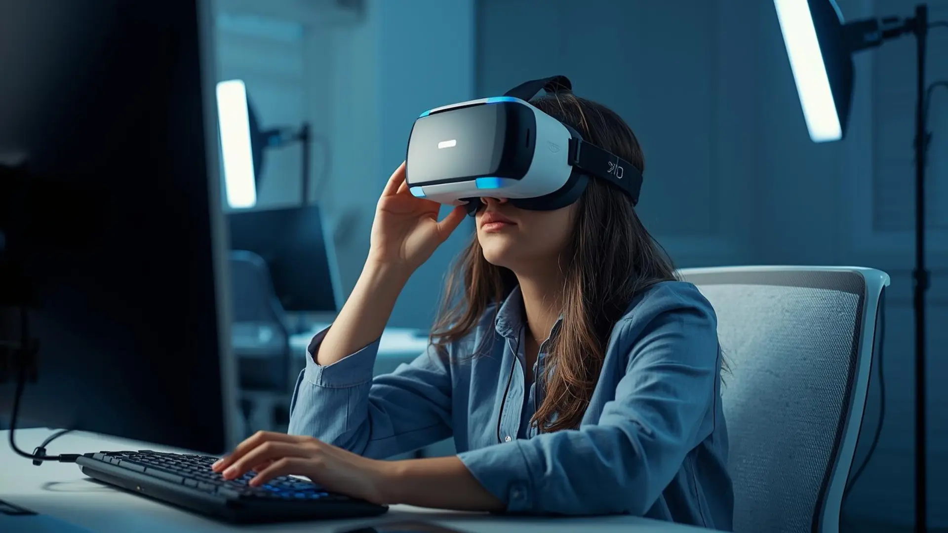Student wearing a VR headset in a remote learning setup
