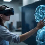 Person in VR headset interacting with an AI avatar in a virtual office setting