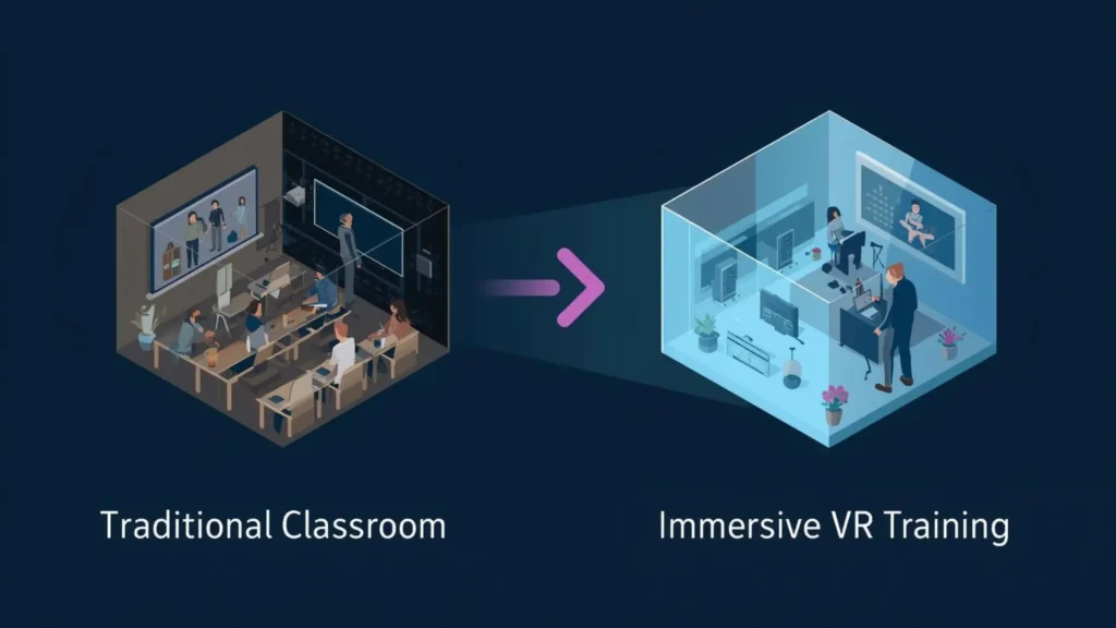 Diagram showing transition from traditional classroom training to immersive VR training