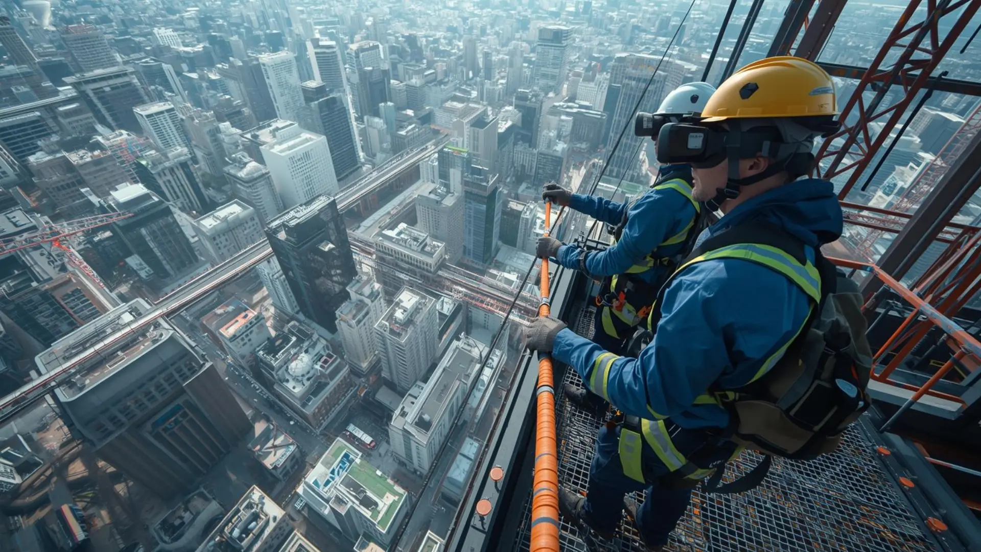 Virtual reality simulation of workers on a high-rise construction site with safety harnesses